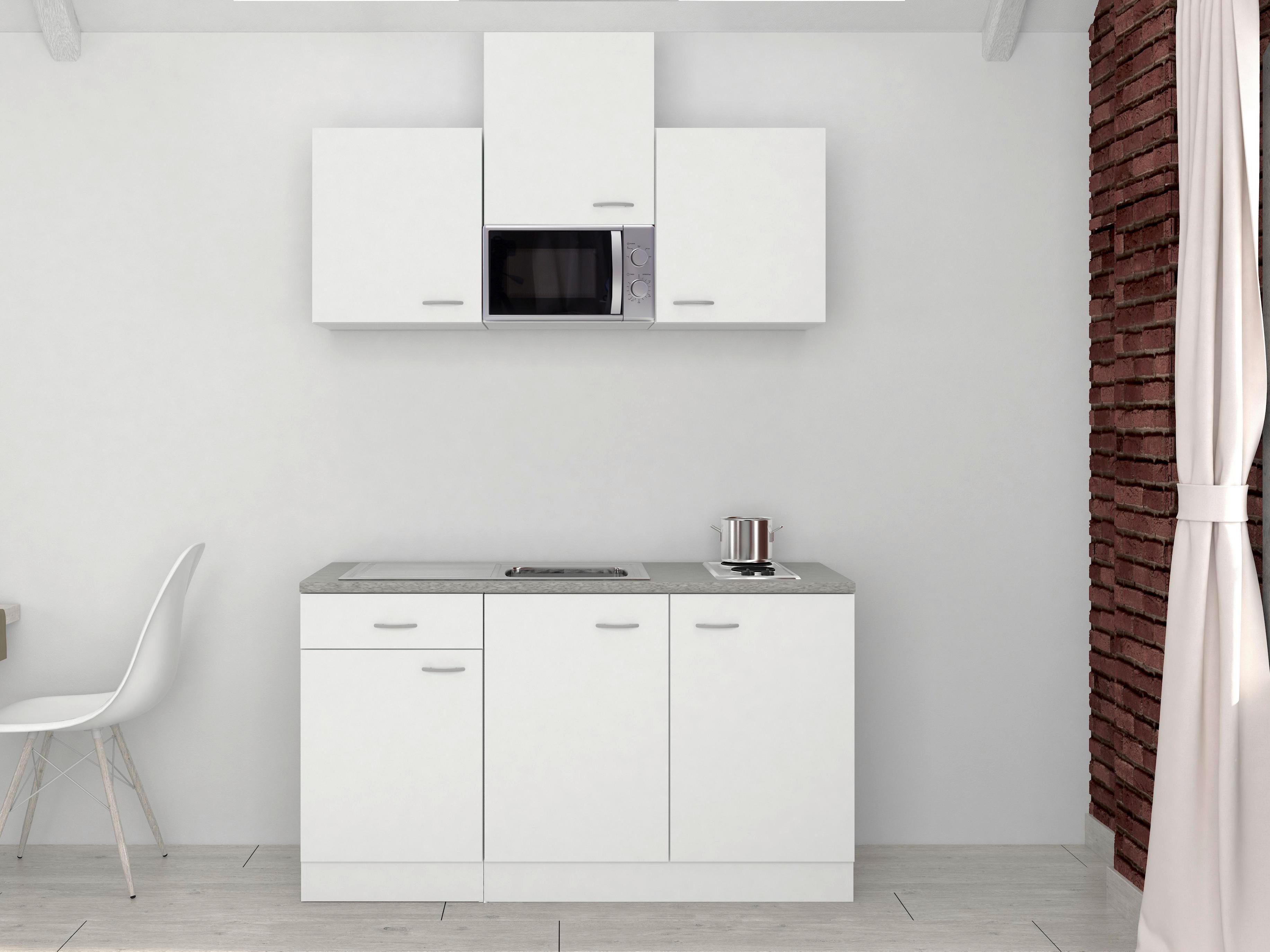 Miniküche m. Mikrowelle + Kochfeld 150cm Weiß/Grau Dekor