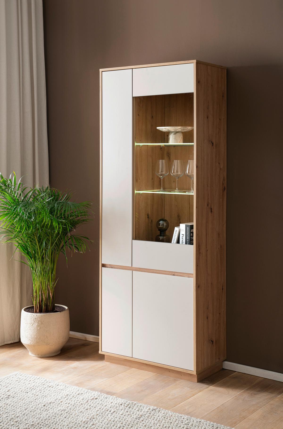 Vitrine Sonora Kaschmir/Eiche B: 75cm - Kaschmir/Eiche Artisan, Design, Glas/Holzwerkstoff (75/205/40cm) - MID.YOU