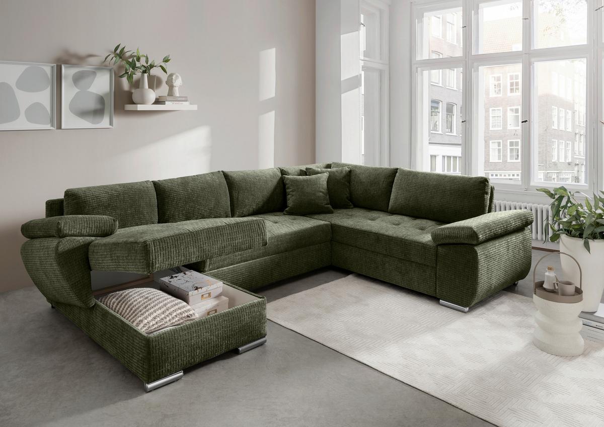 Wohnlandschaft Terana Olivgrün Mit Schlaffunktion, Mikrofaser - Chromfarben/Olivgrün, KONVENTIONELL, Textil (157/305/219cm) - Livetastic