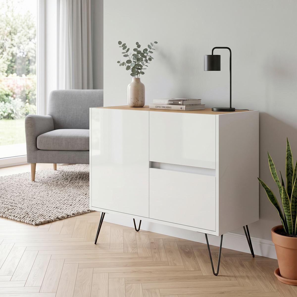 Sideboard Posseik Industrial Eichefarben/Weiß B: 79 cm - Weiß Hochglanz/Eichefarben, Design, Holzwerkstoff (79/75,8/42cm) - MID.YOU