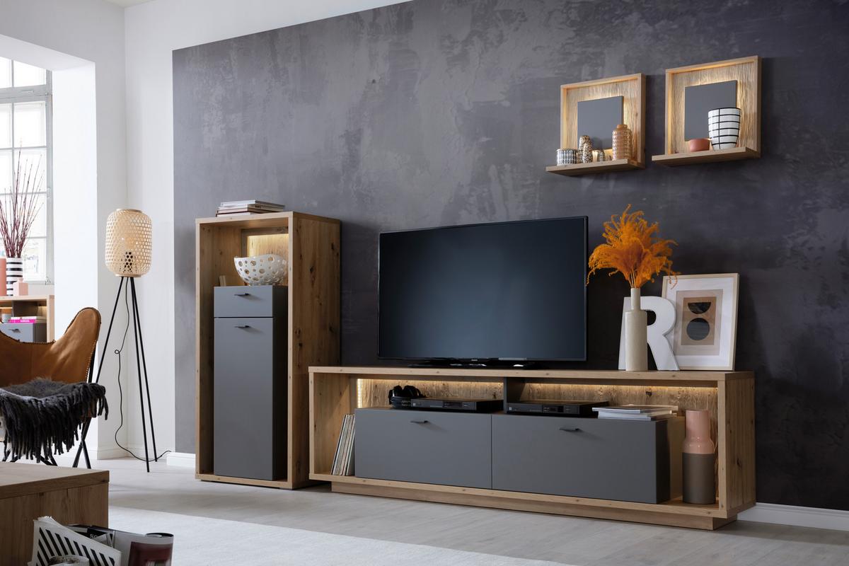 Wohnkombination 4-tlg. Lizzano Grau/eichefarben - Eichefarben/Grau, Design, Holzwerkstoff (286/200/40cm) - MID.YOU