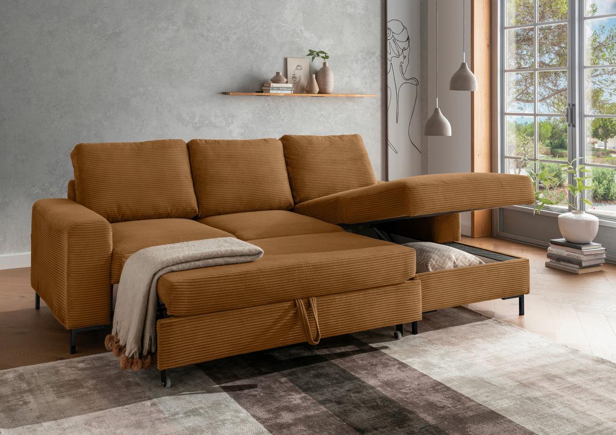 Eckschlafsofa Zona, Goldfarben S: 237x143 Cm - Goldfarben/Schwarz, KONVENTIONELL, Textil (237/143cm) - Livetastic