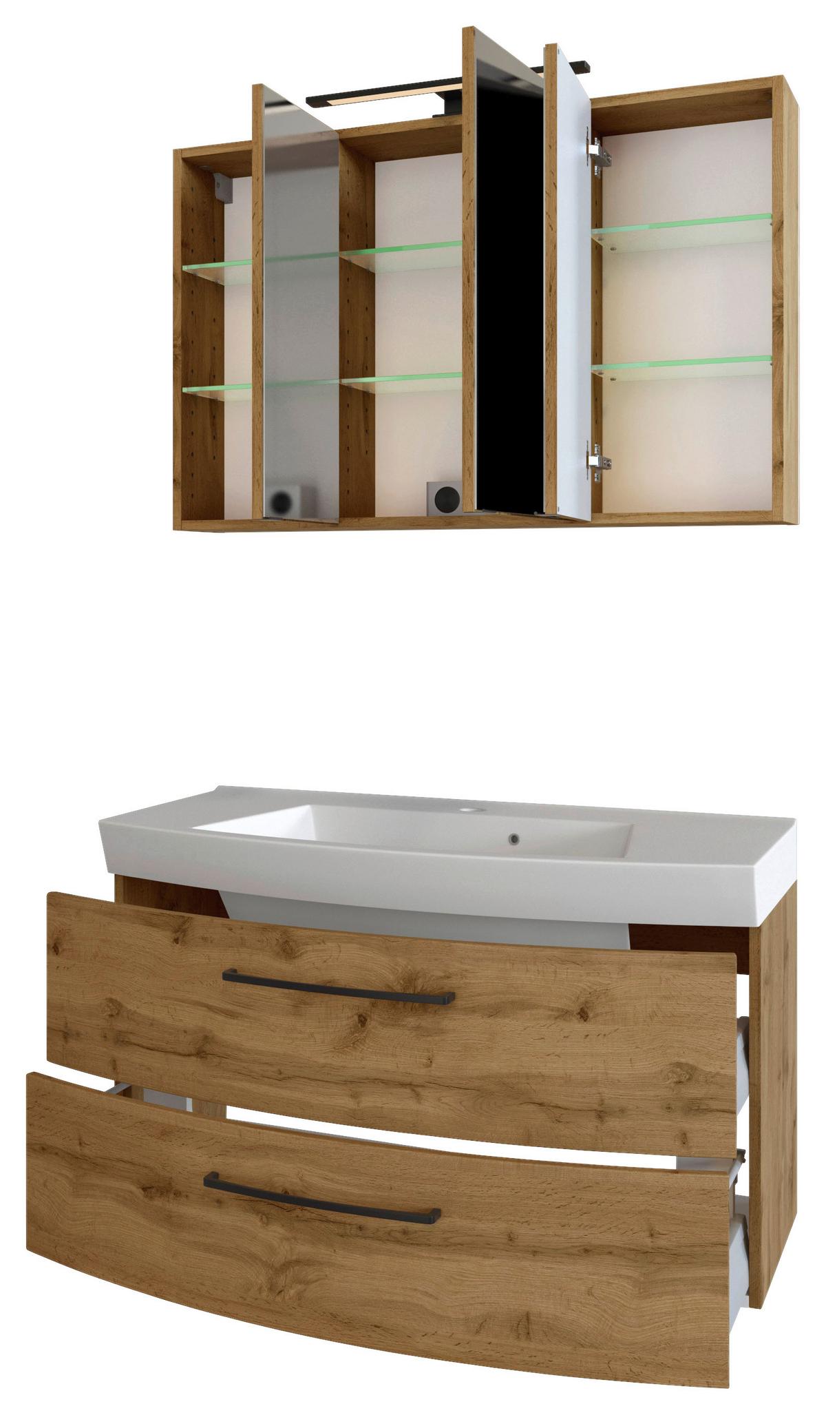 Badmöbel-Set Manchester B: 100 cm Eiche Wotan Dekor - Eichefarben/Weiß, MODERN, Keramik/Holzwerkstoff (100cm) - Held