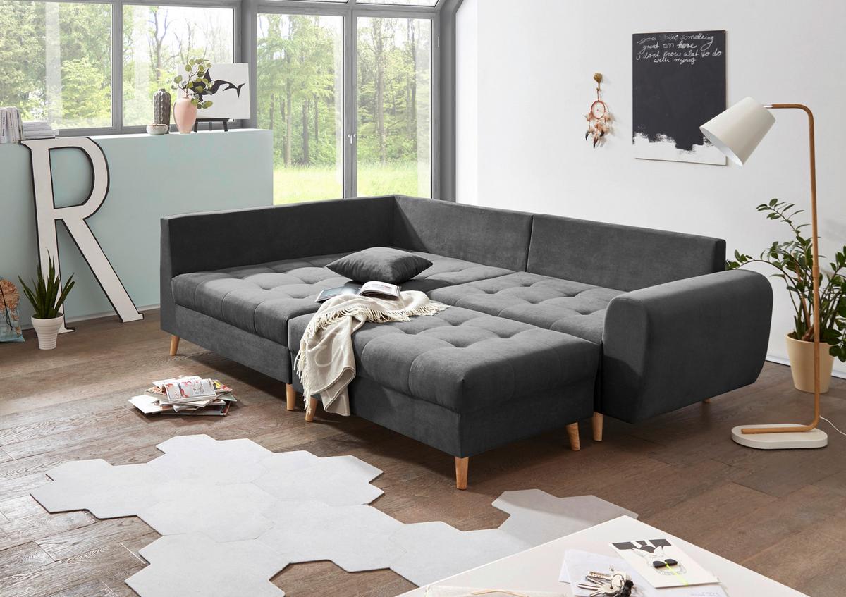 Ecksofa Mit Holzfüßen + Kissen Alice, Webstoff - Anthrazit/Kieferfarben, KONVENTIONELL, Holzwerkstoff/Textil (175/249cm) - MID.YOU