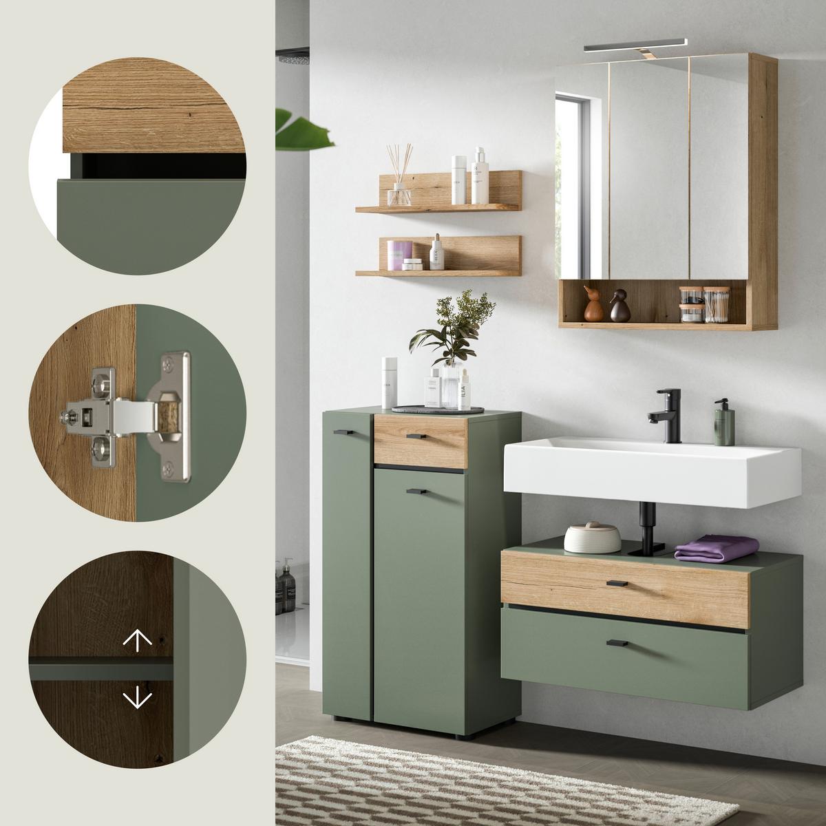 Badezimmer Aqua Grün/Eichefarben B: 126cm - Eichefarben/Schwarz, Trend, Glas/Holzwerkstoff (126cm) - MID.YOU