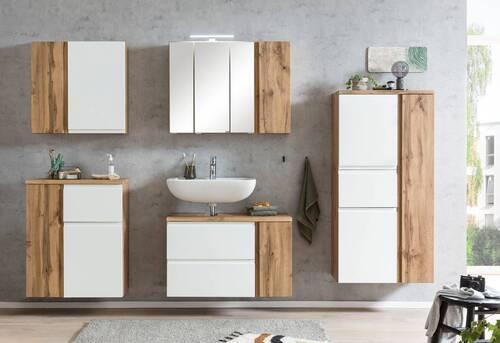 Midischrank Bad Varese B: 65 cm Weiß/Wotaneiche Dekor - Silberfarben/Eiche Wotan, MODERN, Holzwerkstoff (65/130/35cm) - Held