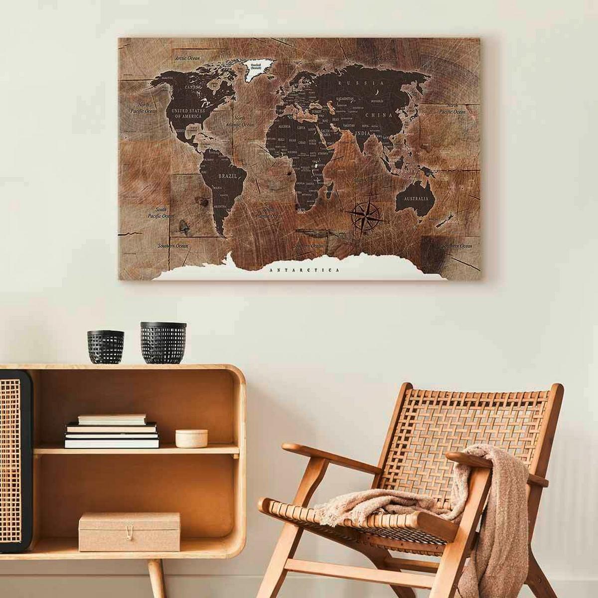 Obraz na plátne WORLD MAP: WOODEN MOSAIC - hnedá, Basics, drevo/textil (120/80/1,2cm) - artgeist