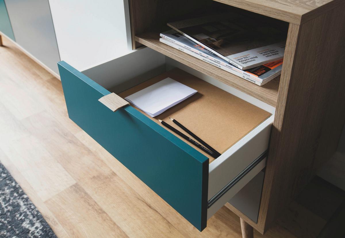 Sideboard Dekor 180 Cm Cube 56-Trend, Eiche/farbig - Eichefarben/Petrol, Trend, Holzwerkstoff (180/71/40cm) - MID.YOU