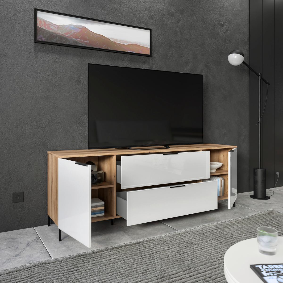 TV-Lowboard Austin 180 cm Eichefarben/Glasfront Weiss - Eichefarben/Schwarz, Trend, Glas/Holzwerkstoff (180/63/40cm)