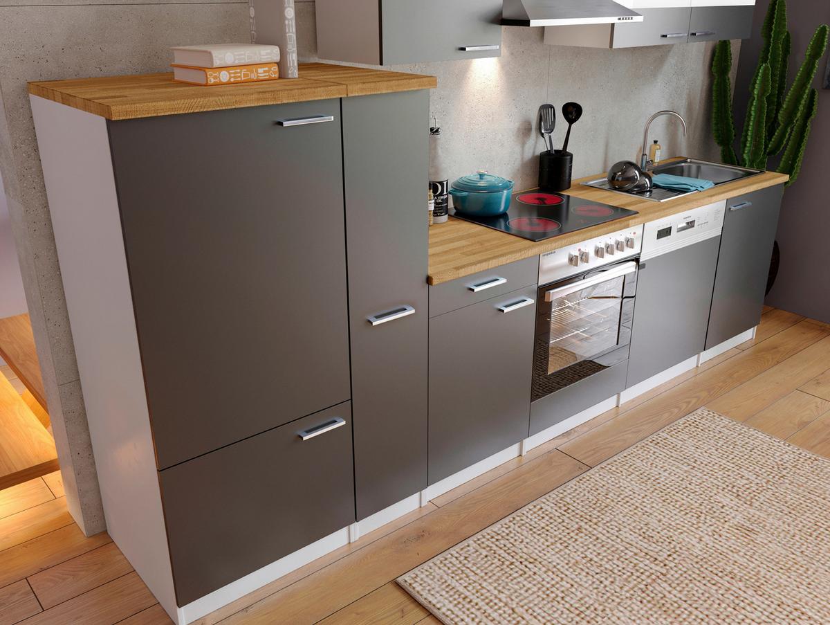 Küchenzeile ohne Geräte B: 310 cm Weiß/Grau/Nussbaum Dekor - Nussbaumfarben/Weiß, Basics, Holzwerkstoff (310cm) - Respekta