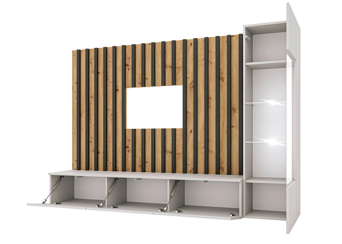 Obývacia stena LAMEL - čierna/sivá, Design, kompozitné drevo/sklo (220/148/35cm) - MID.YOU