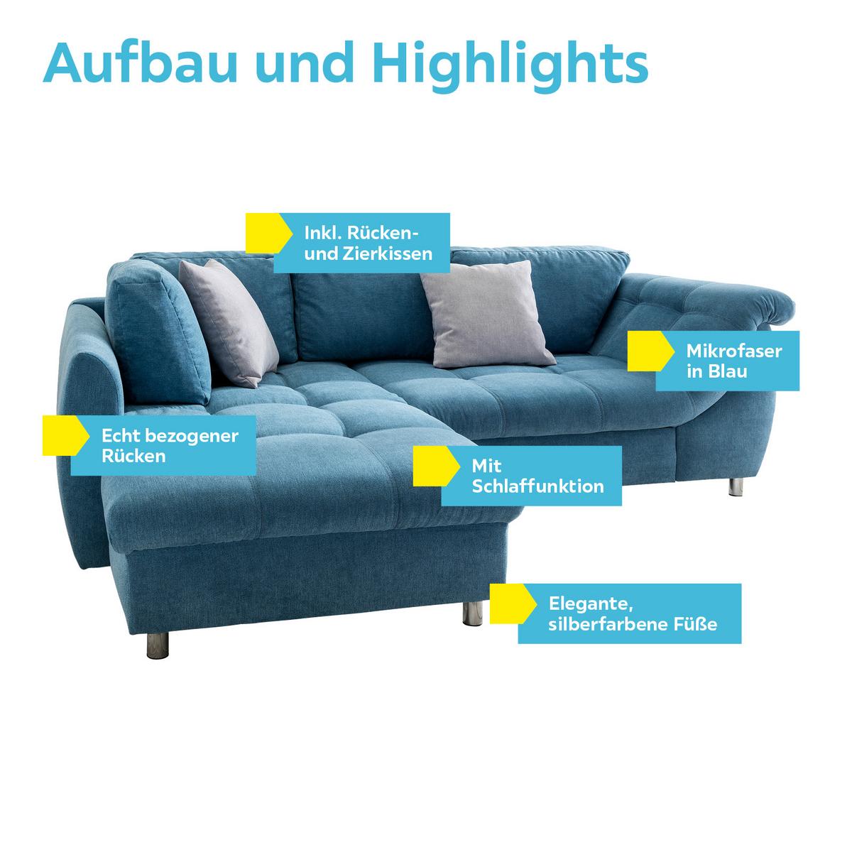 Ecksofa mit Schlaffunktion Agira Blau 190x250cm - Chromfarben/Blau, Design, Textil (190/250cm) - Livetastic