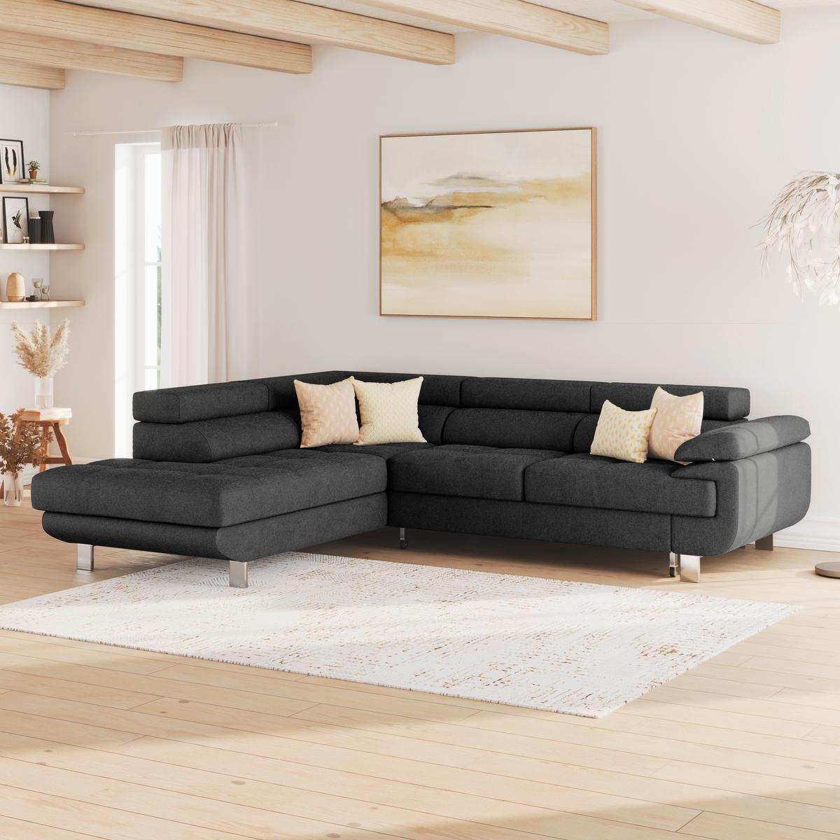 Ecksofa mit Schlaffunktion + Bettkasten Savona, Webstoff - Blaugrau/Graphitfarben, MODERN, Textil (230/270cm) - Ondega