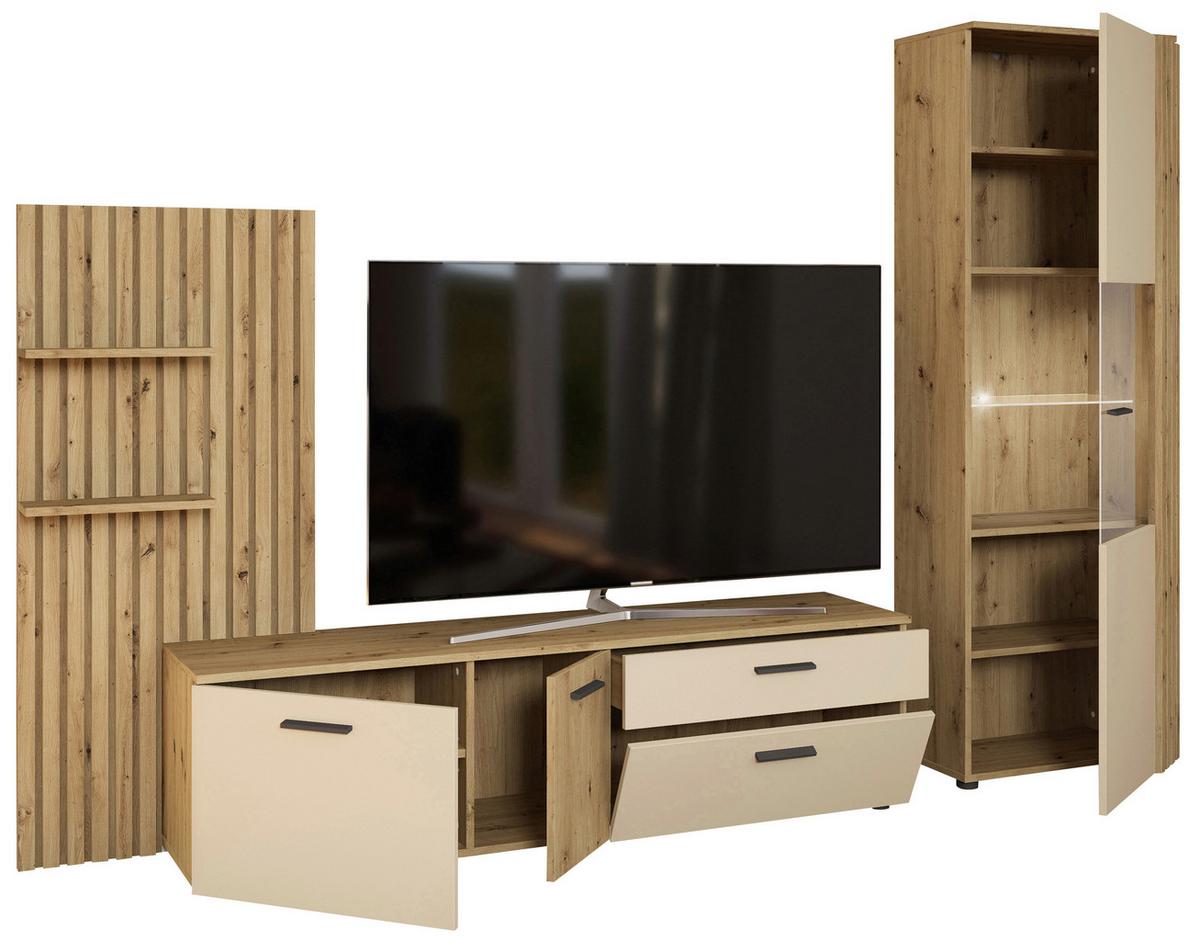 Wohnwand Gatwick Eiche Artisan Dekor B: 280 cm - Creme/Schwarz, MODERN, Glas/Holzwerkstoff (280/180/38cm)