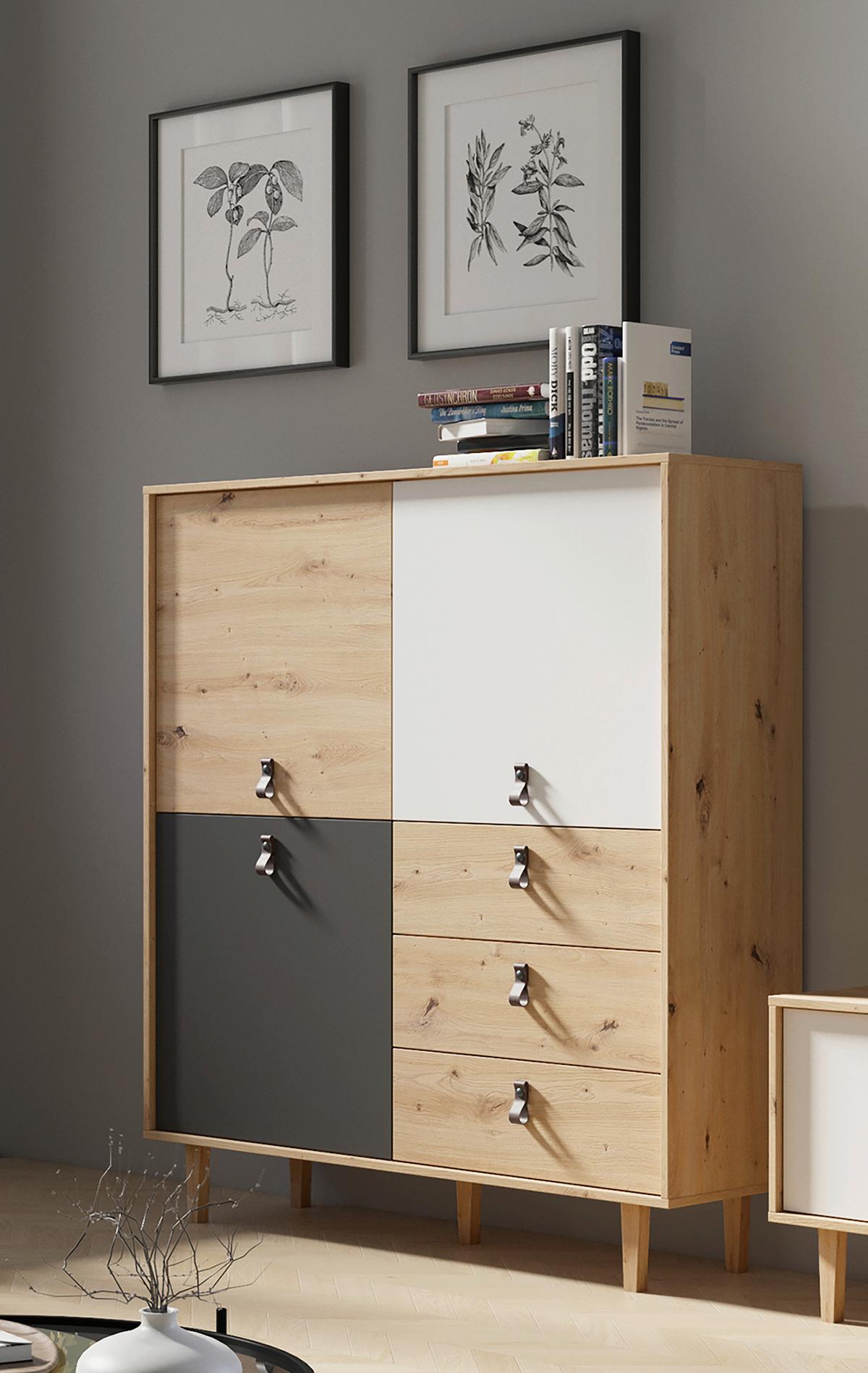 Highboard Bill Eiche Artisan/ Anthrazit/weiß B: 120 Cm - Eichefarben/Anthrazit, Design, Holzwerkstoff (120/135/36,5cm) - MID.YOU