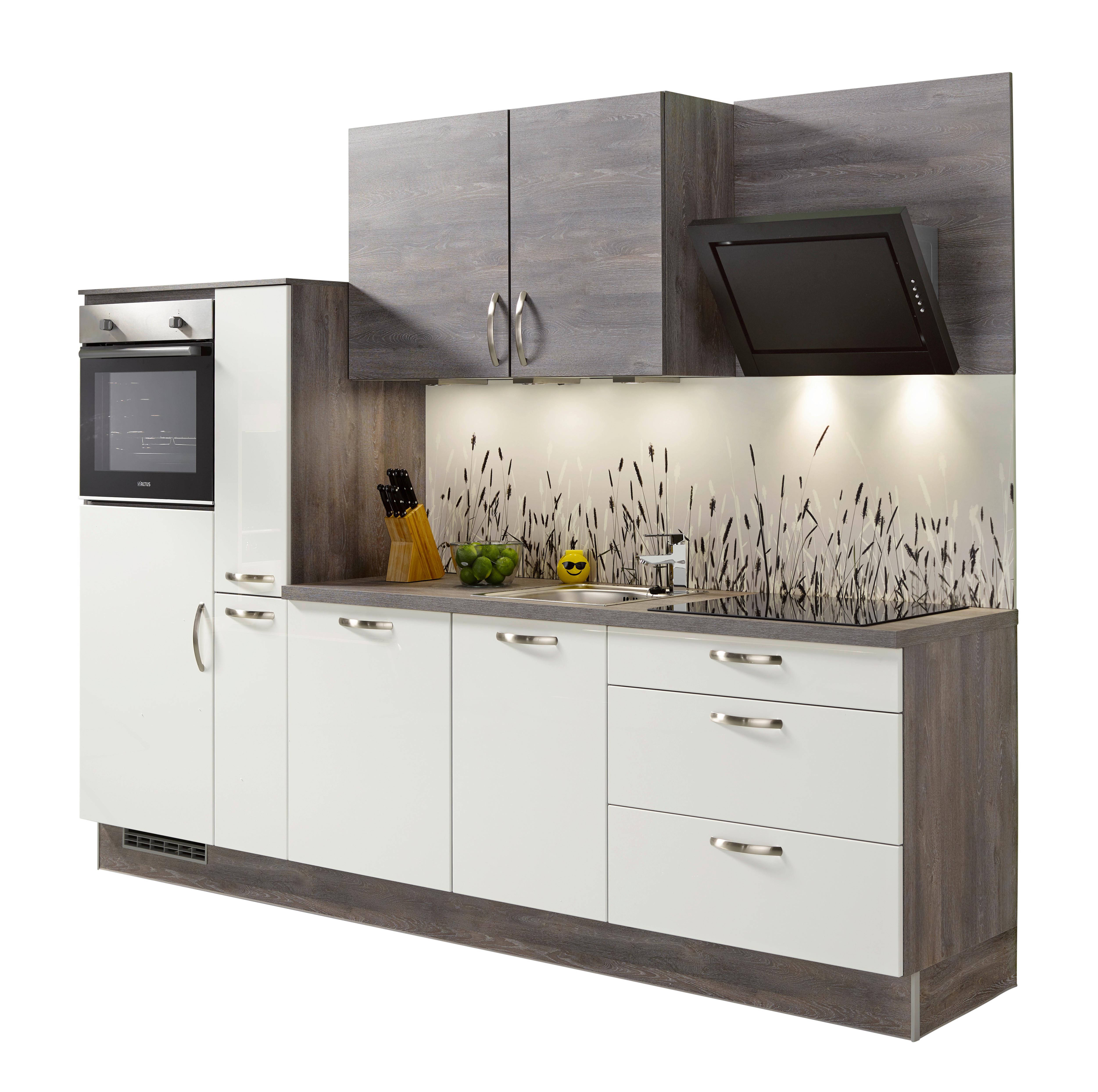 Küchenzeile Pn220/Pn100 Mit Geräten 280 cm Weiß/Steingrau - Eichefarben/Weiß, MODERN, Holzwerkstoff (280cm) - Pino