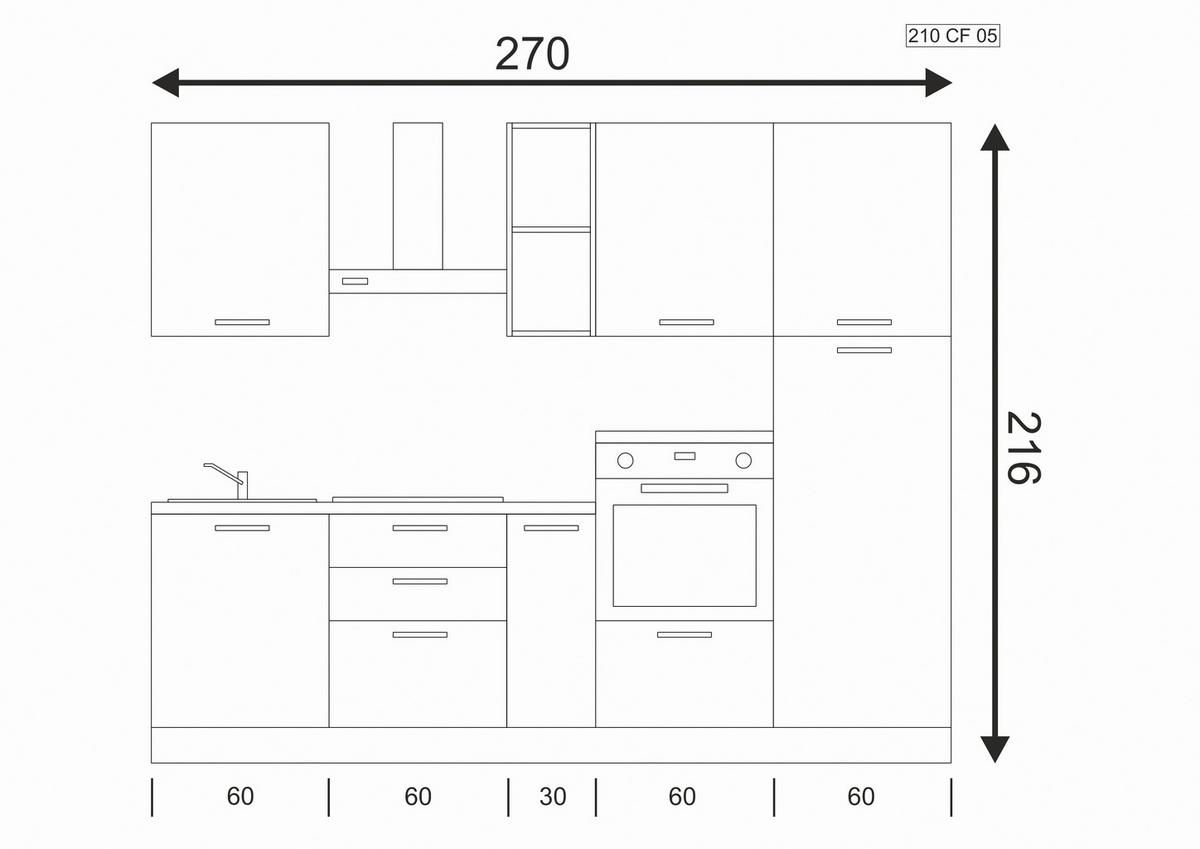 Küchenzeile Olimpia Mit Kühlschrank 270 Cm Weiß - Eukalyptusholzfarben/Alufarben, LIFESTYLE, Holzwerkstoff/Kunststoff (270cm) - MID.YOU