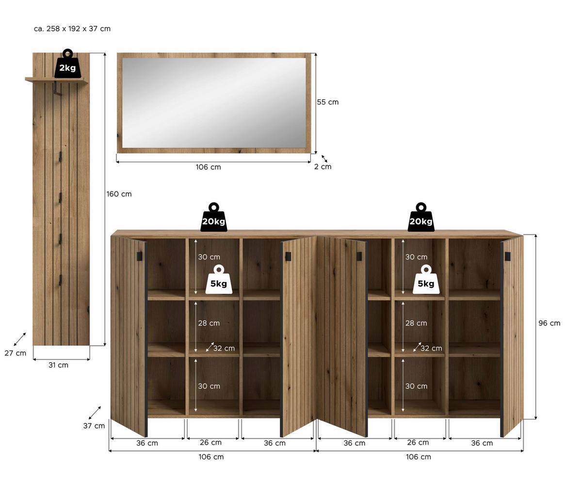Garderobe Station Eiche Dekor B: 258cm - Eichefarben, Design, Holzwerkstoff (258/192/37cm) - MID.YOU