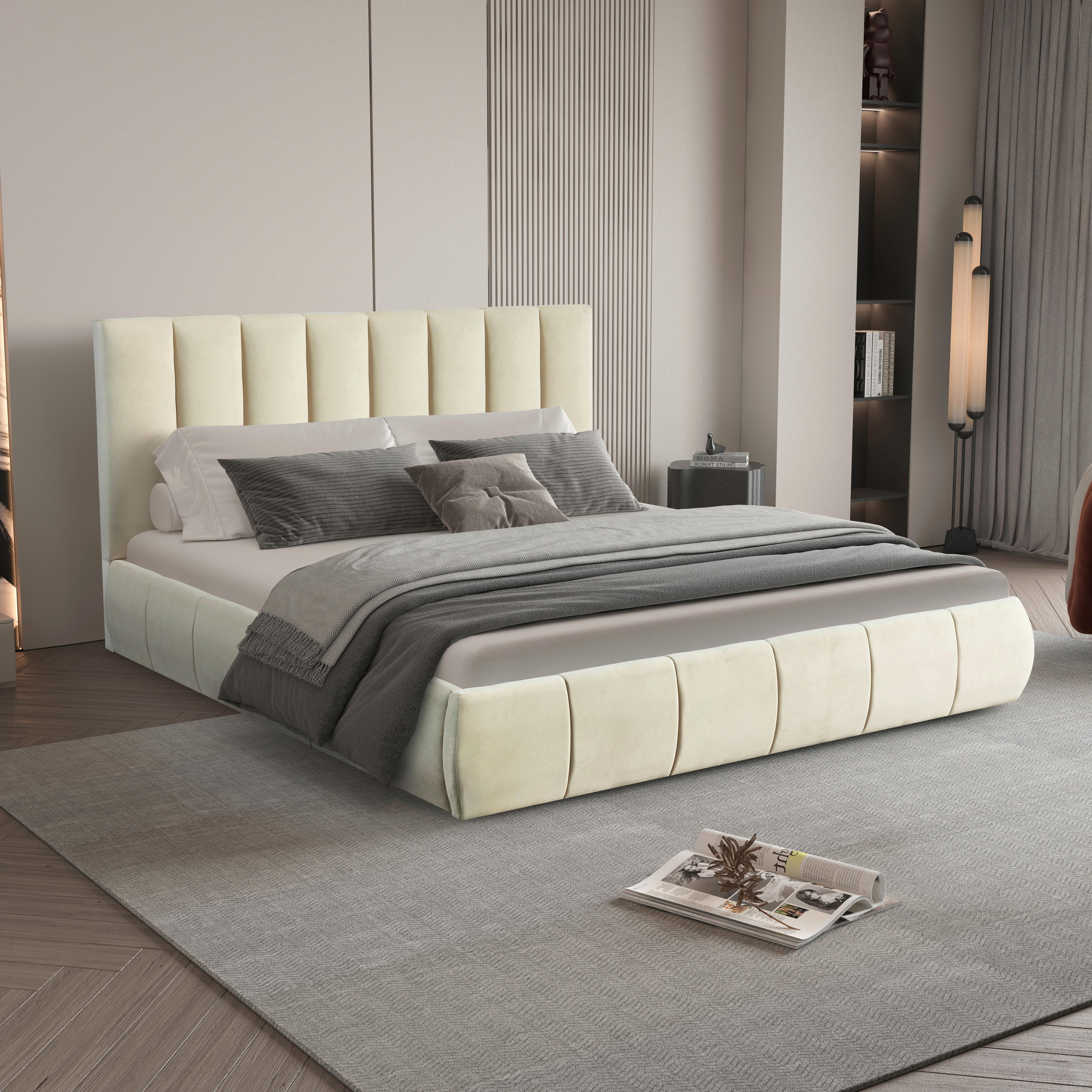 Polsterbett Damast Beige B: 195 cm - Beige/Schwarz, Design, Holzwerkstoff/Textil (195/110/223cm) - Livetastic