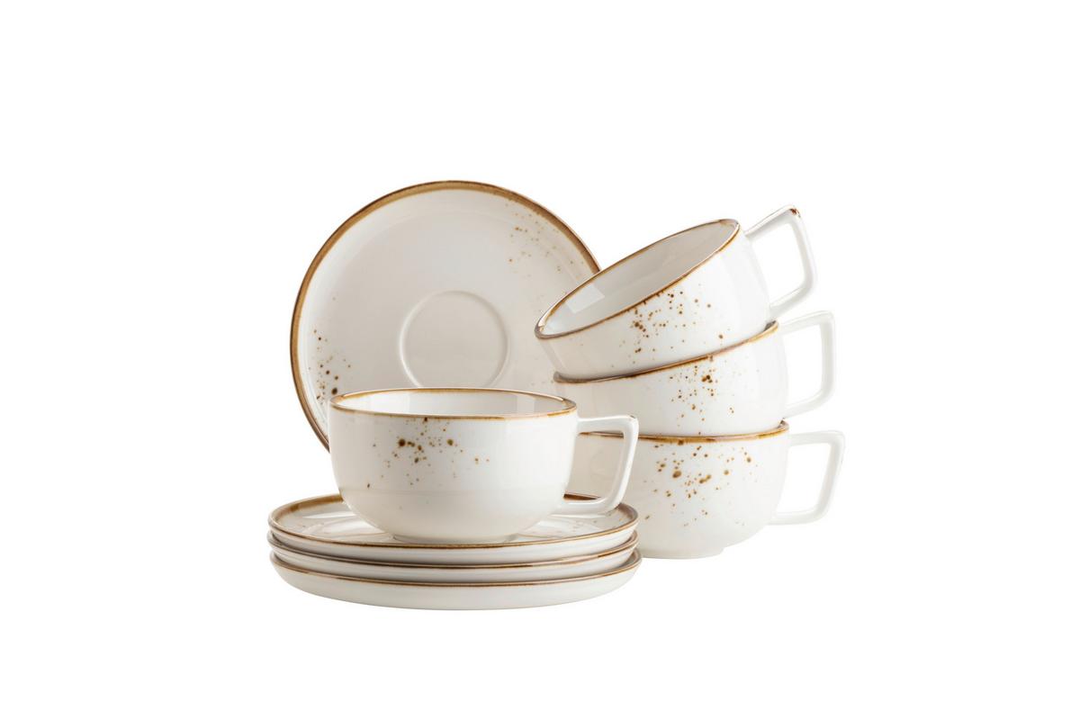 Tassenset Pintar Porzellan 8--Teilig. D: 14 Cm Braun Weiß - Braun/Weiß, Basics, Keramik - Mäser