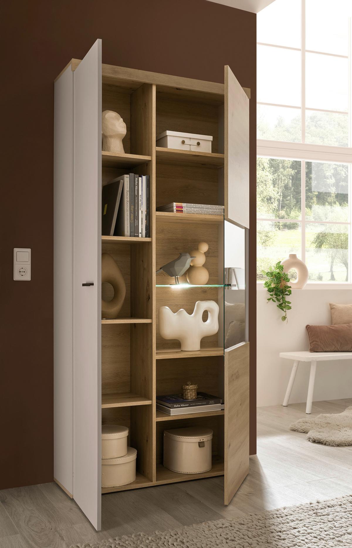 Vitrine Strada Giga *ph* Eiche Artisan/Kashmir, B: 91cm - Kaschmir/Schwarz, Trend, Glas/Holzwerkstoff (91/193/32cm)