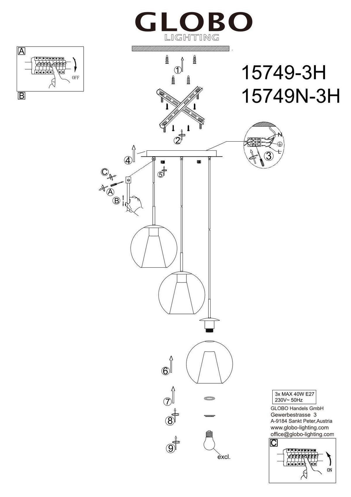 HÄNGELEUCHTE 15749-3H BARRY - Klar/Schwarz, Basics, Glas/Textil (45/120cm) - Globo