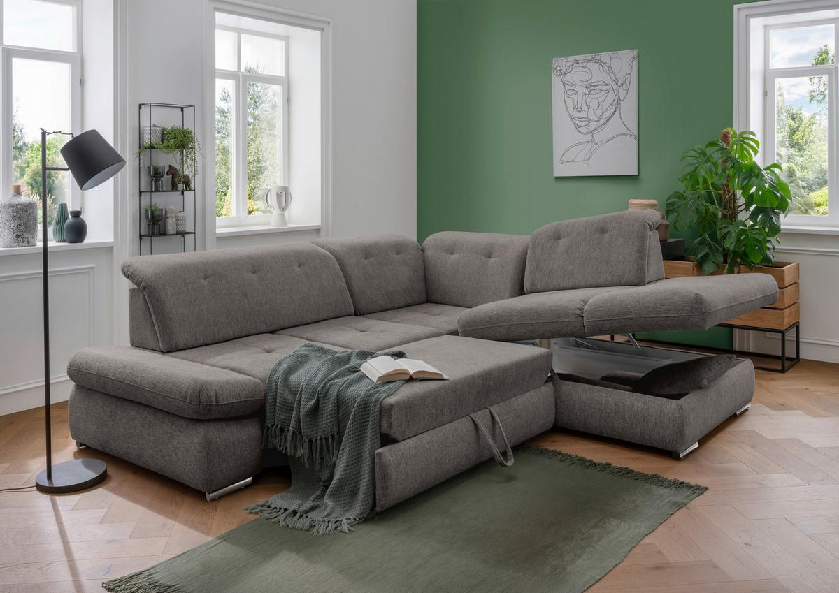 Ecksofa mit Schlaffunktion Dalida Braun/Grau Chenille - Chromfarben/Braun, Design, Textil (280/254cm) - Livetastic
