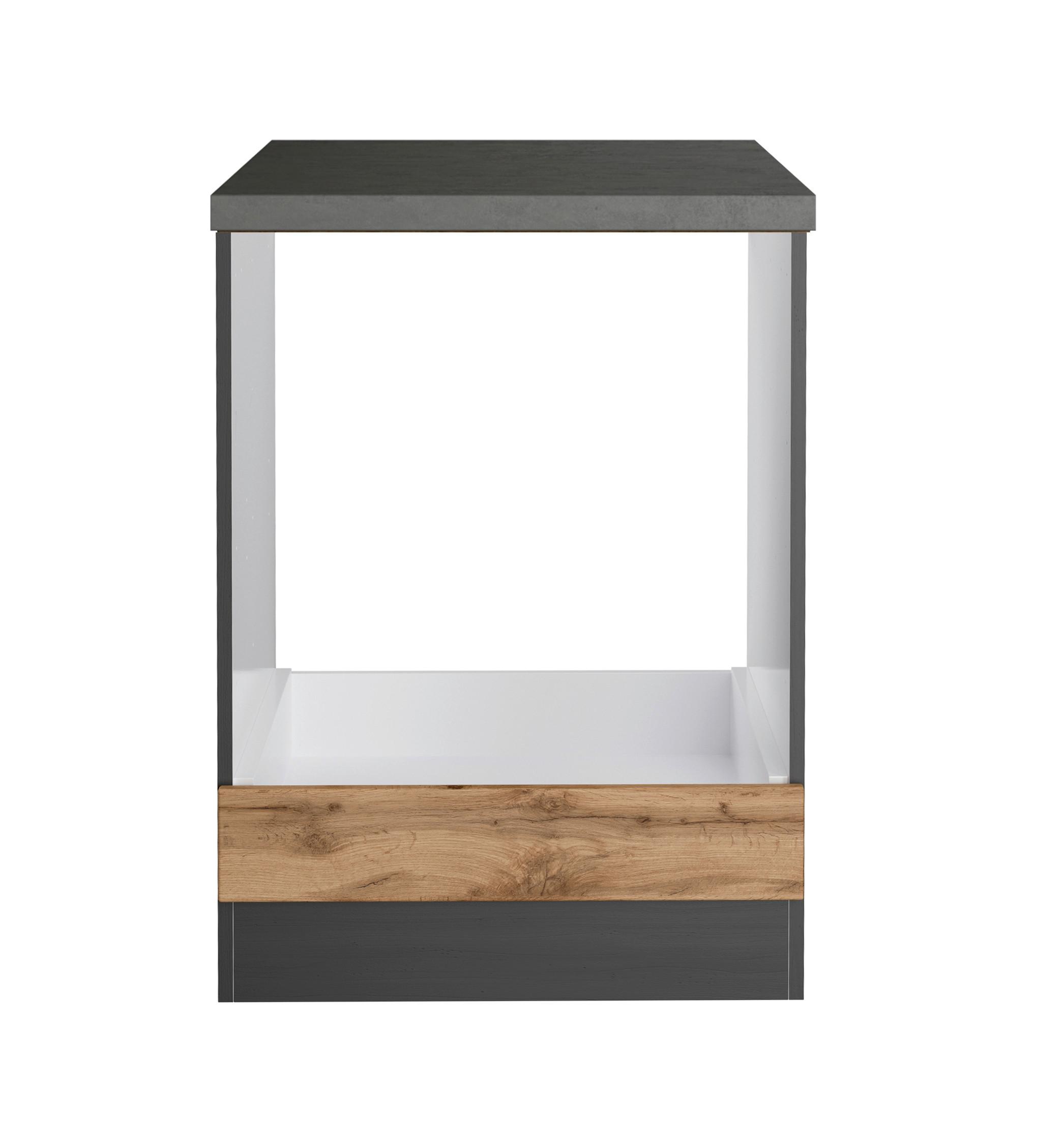 Herdumbauschrank mit graphitfarbenem Korpus und eichefarbener Blende