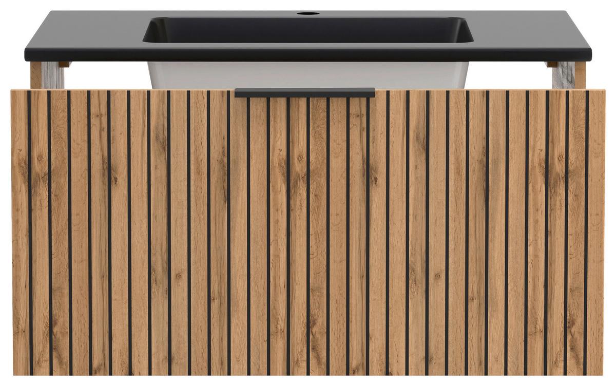 Waschbecken Mit Unterschrank Chester B: 80 Cm - Eiche Wotan/Schwarz, MODERN, Holzwerkstoff/Stein (80cm) - Held