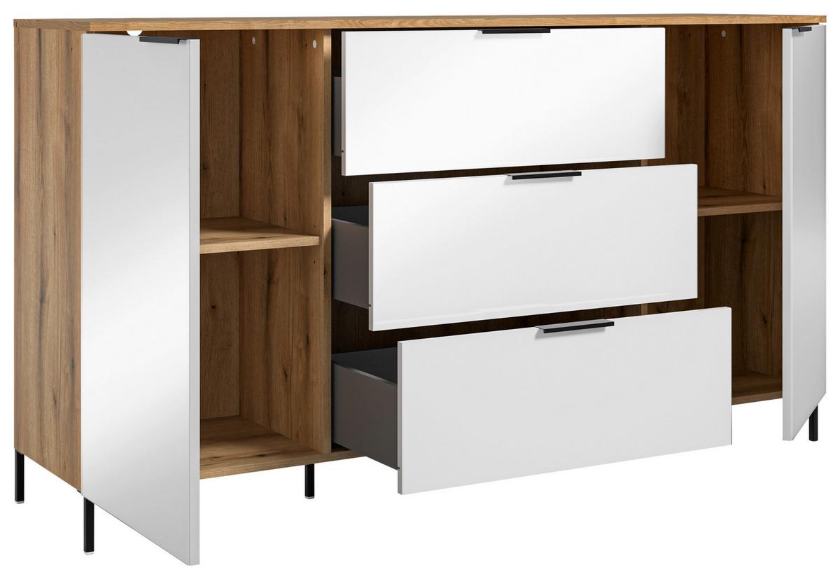 Sideboard Austin 160 cm Eichefarben/Glasfront Weiss - Eichefarben/Schwarz, Trend, Glas/Holzwerkstoff (160/89/40cm)