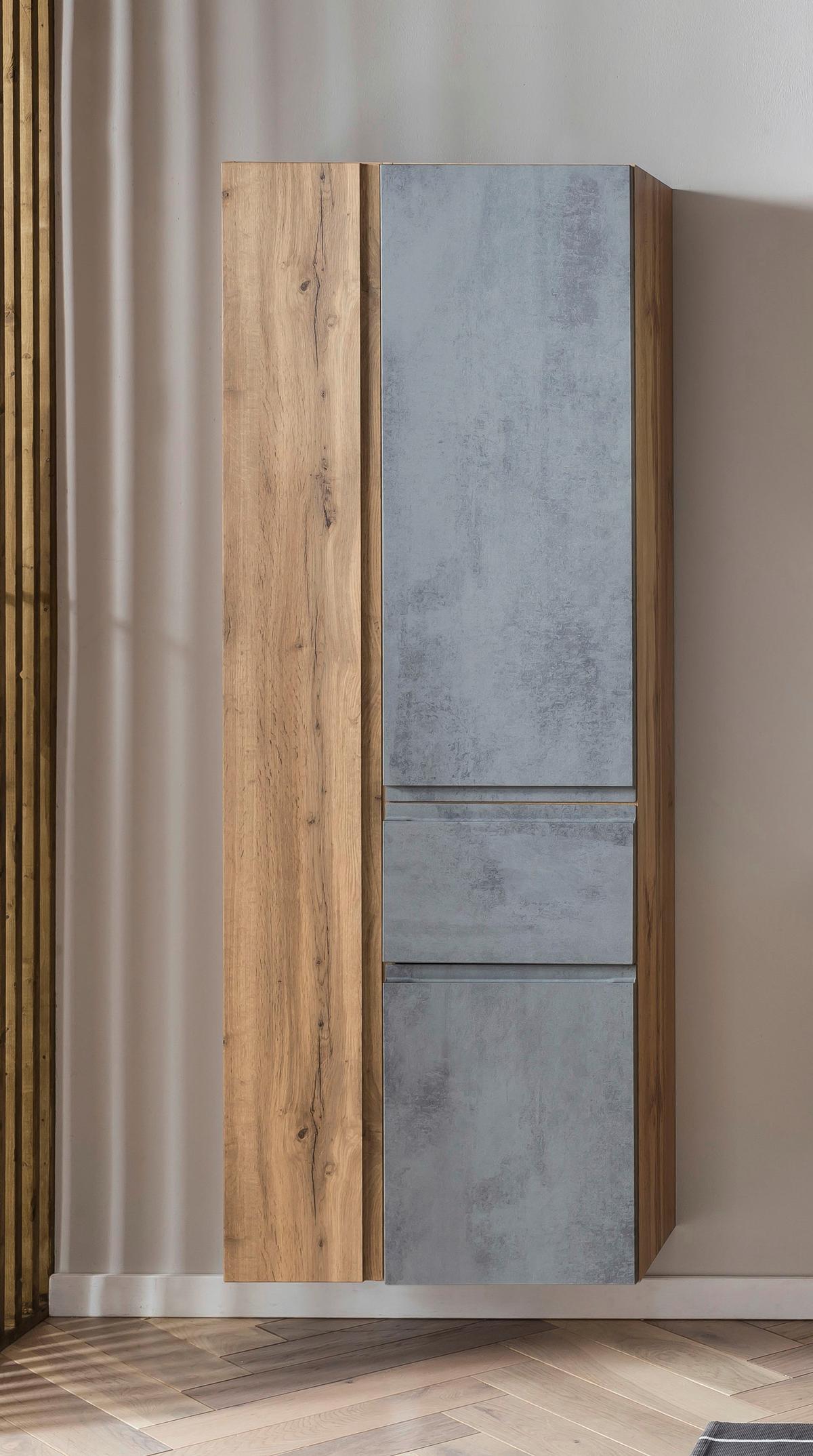 Badezimmer Hochschrank Varese BxH 65x180cm Grau/ Eiche Dekor - Eiche Wotan/Hellgrau, MODERN, Holzwerkstoff (65/180/35cm) - Held