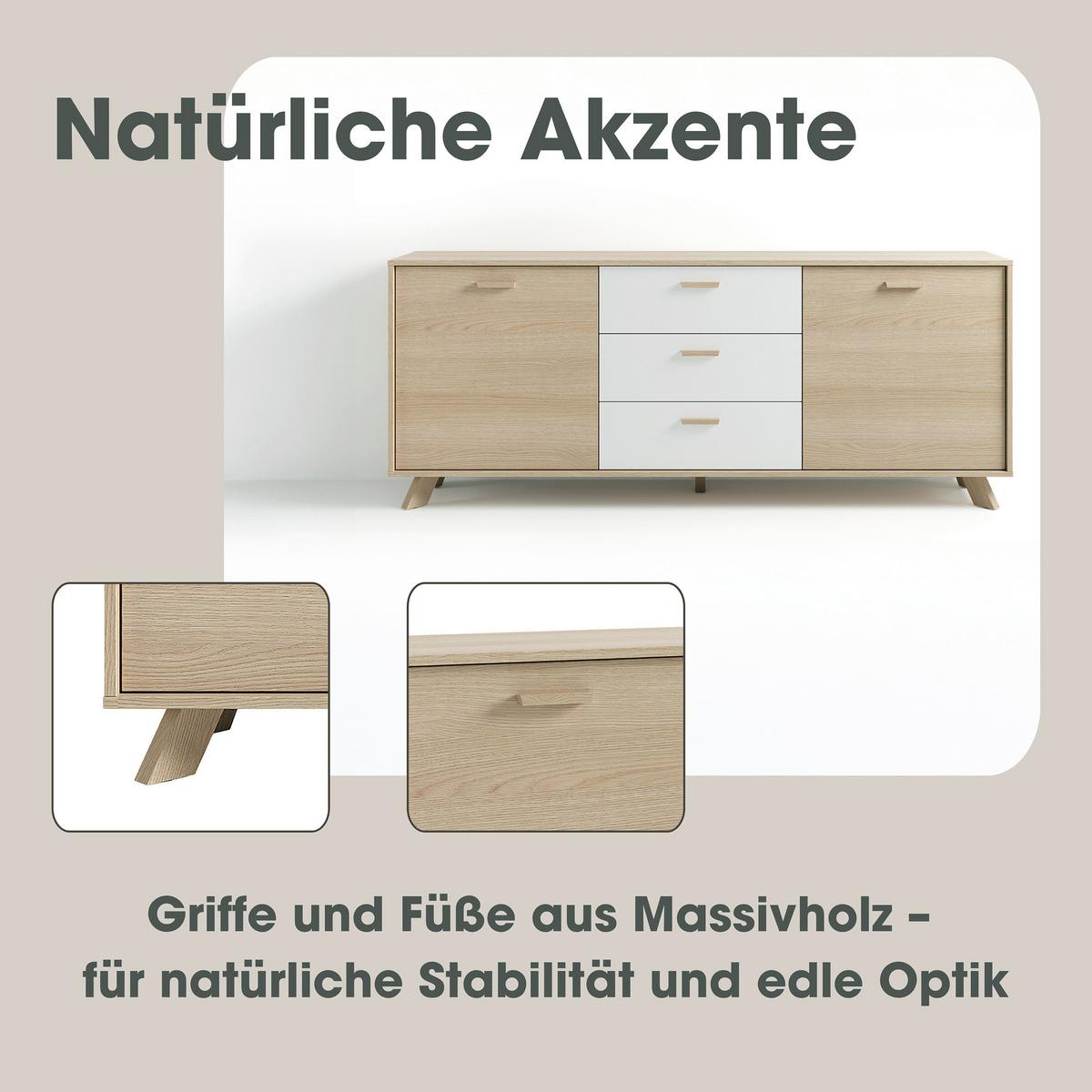 Sideboard Bastian Eiche Bianco/Weiß B: 180 cm - Eiche Bianco/Eichefarben, Design, Holz/Holzwerkstoff (180/72,5/36,5cm) - MID.YOU