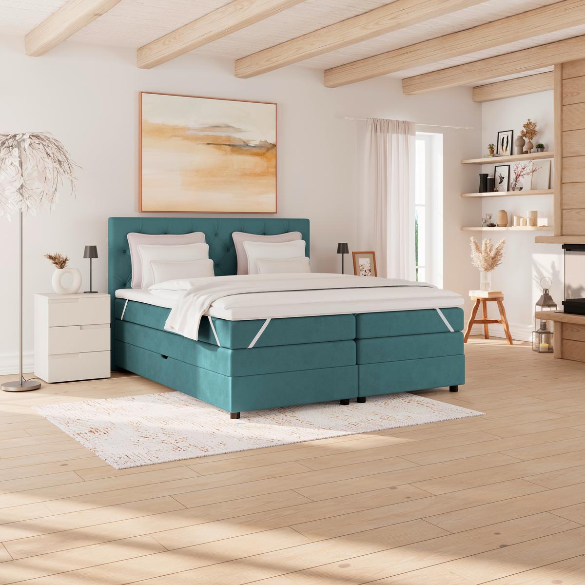 Boxspringbett Elio Petrol 160x200 Cm H4 - Petrol/Schwarz, ROMANTIK / LANDHAUS, Textil (164/121/212cm) - James Wood