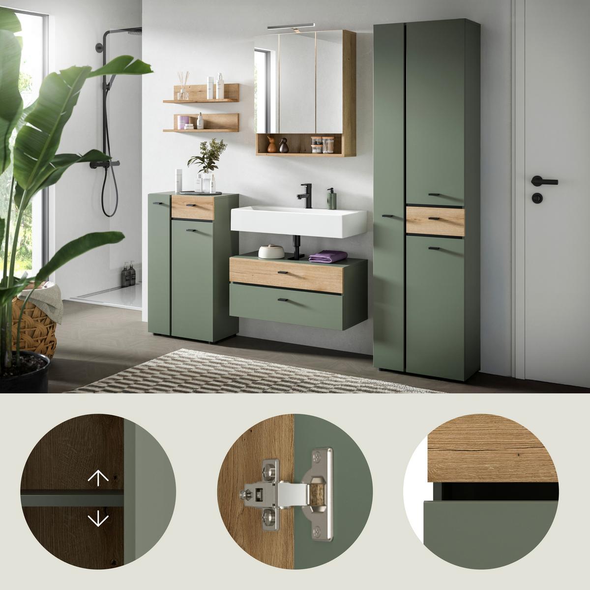 Badezimmer Aqua Grün/Eichefarben B: 177cm - Eichefarben/Schwarz, Trend, Glas/Holzwerkstoff (177cm) - MID.YOU