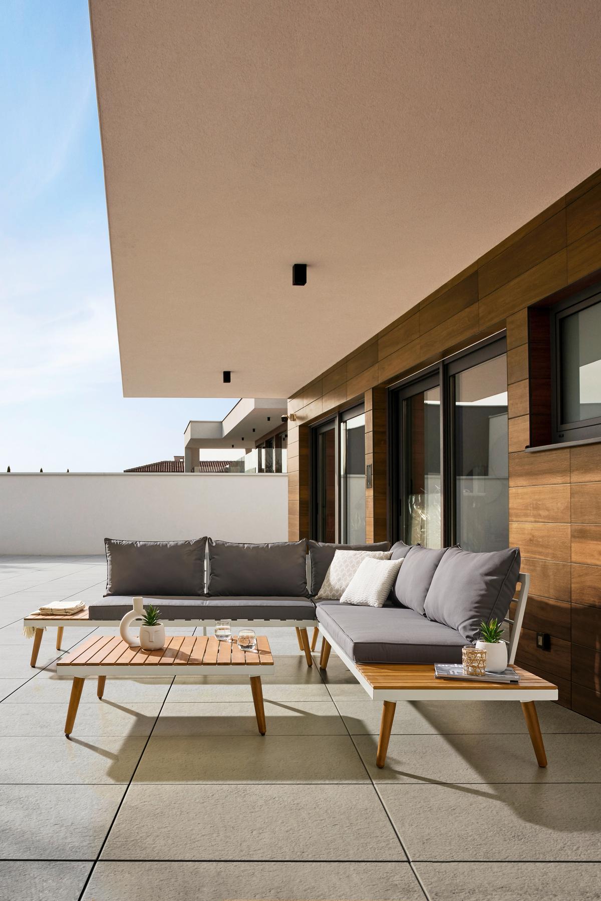 Loungegarnitur 3 Tlg. Madeira Aus Stahl/holz Mit Kissen - Dunkelgrau/Weiß, MODERN, Holz/Textil (90/30/70cm) - Beldano