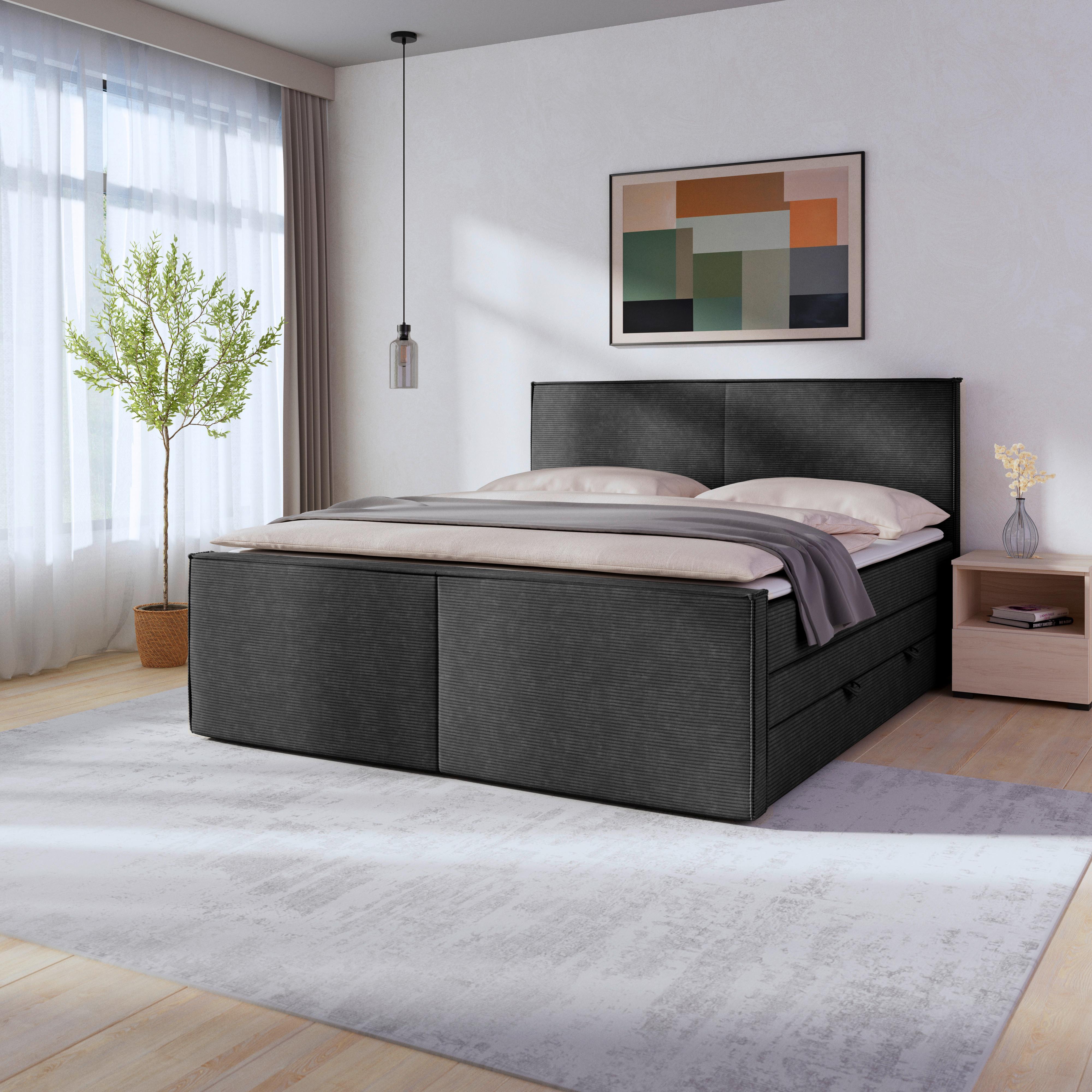Boxspringbett Algier Schwarz inkl.bettkasten, L: 180 cm - Schwarz, MODERN, Karton/Holz (180/200cm) - MID.YOU