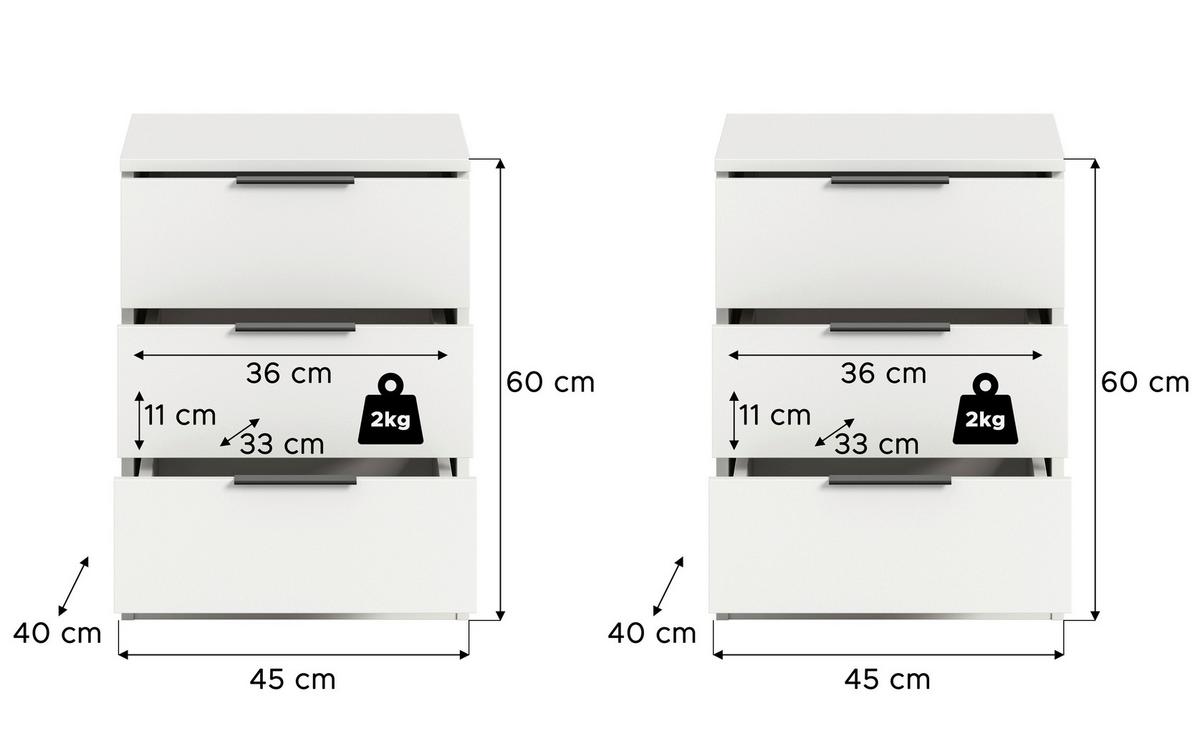 Nachtkästchenset Kopenhagen, Weiß B: 45 Cm - Schwarz/Weiß, MODERN, Holzwerkstoff (45/60/40cm) - MID.YOU
