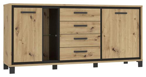 Sideboard Mit Glaselement B: 177,4cm Trondheim, Eiche Dekor - Eichefarben/Schwarz, Basics, Glas/Holzwerkstoff (177,4/81,3/41,5cm) - Livetastic