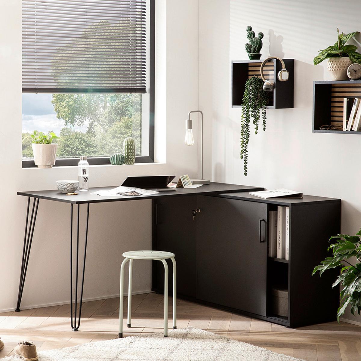 Eckschreibtisch Ekko - Schwarz, MODERN, Holzwerkstoff/Metall (145/129,5/73,8cm) - MID.YOU