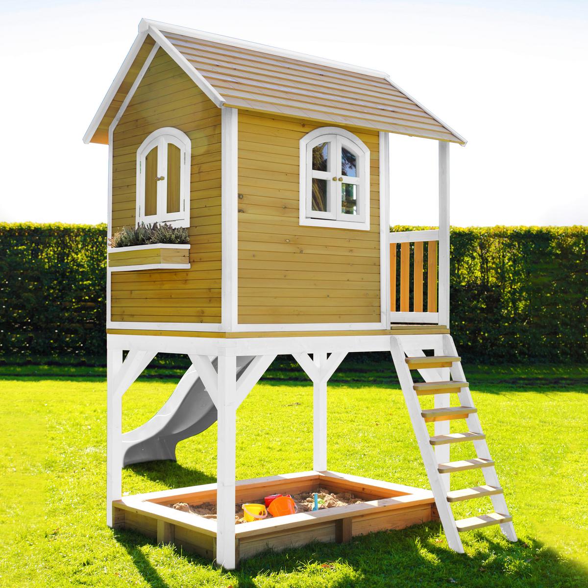 Spielhaus Sarah Braun/weiß B: 370 Cm - Weiß/Braun, KONVENTIONELL, Holz/Kunststoff (370/291/191cm) - Ambia Garden