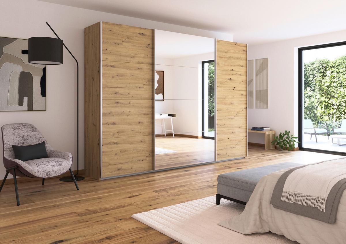 Schwebetürenschrank + Spiegel B: 315cm Feldkirch Eiche Dekor - Silberfarben/Eiche Artisan, MODERN, Holzwerkstoff (315/229/62cm)