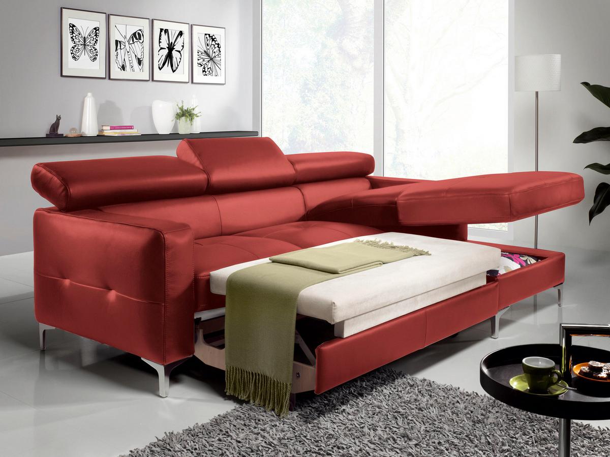 Ecksofa Mit Schlaffunktion Sammy Rot Leder - Chromfarben/Rot, Design, Leder (227/168cm) - Livetastic