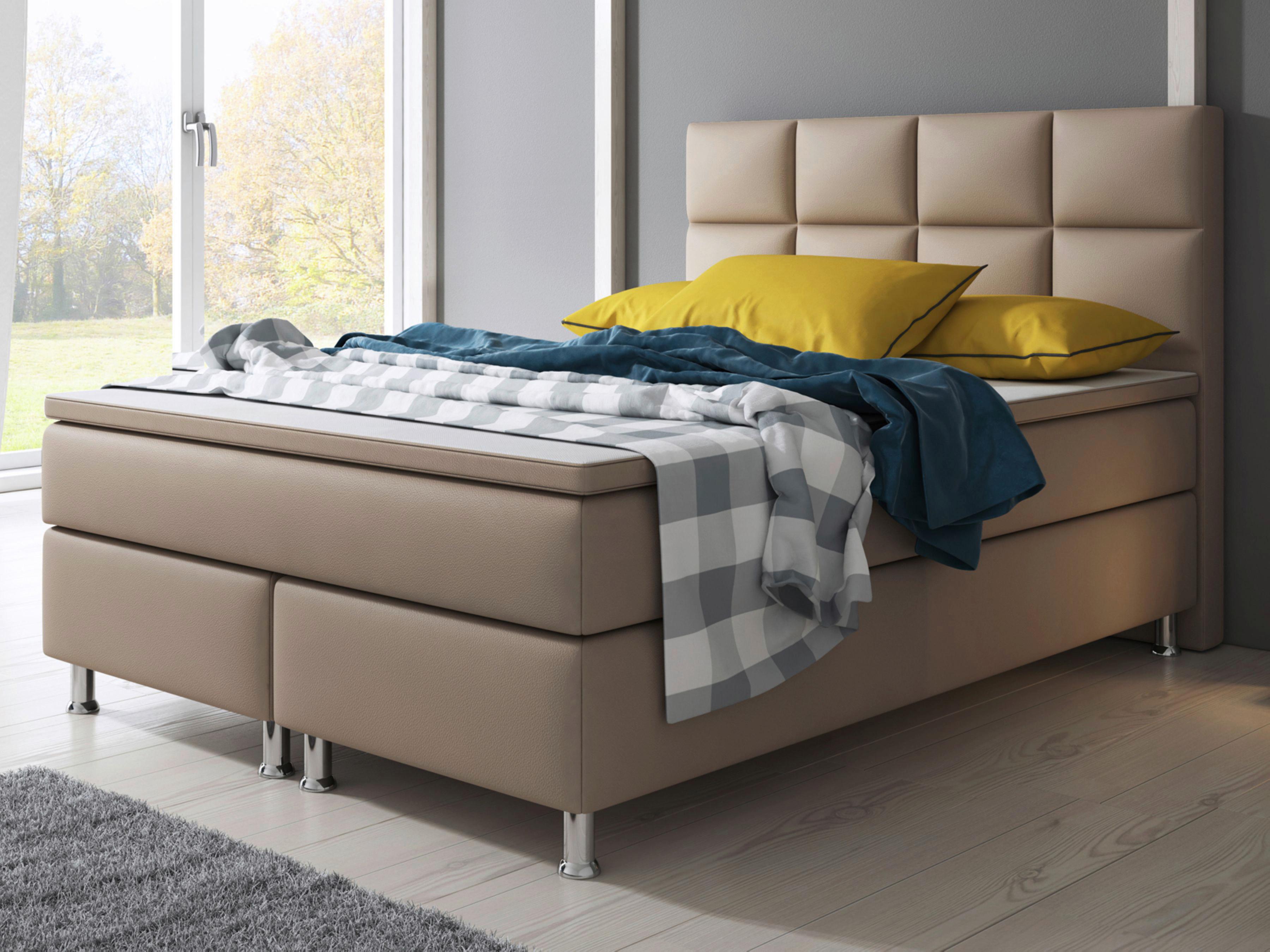 Boxspringbett Mit Topper Lederlook 140x210 Maimi-F - Silberfarben/Cappuccino, KONVENTIONELL, Leder/Textil (140/115/210cm) - MID.YOU