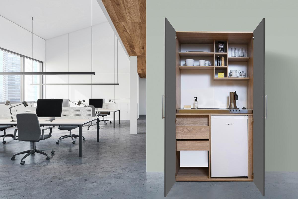Schrankküche mit Kühlschrank + Kochfeld 104 cm Grau - Edelstahlfarben/Eichefarben, KONVENTIONELL, Holzwerkstoff/Metall (104/193/67cm) - Respekta