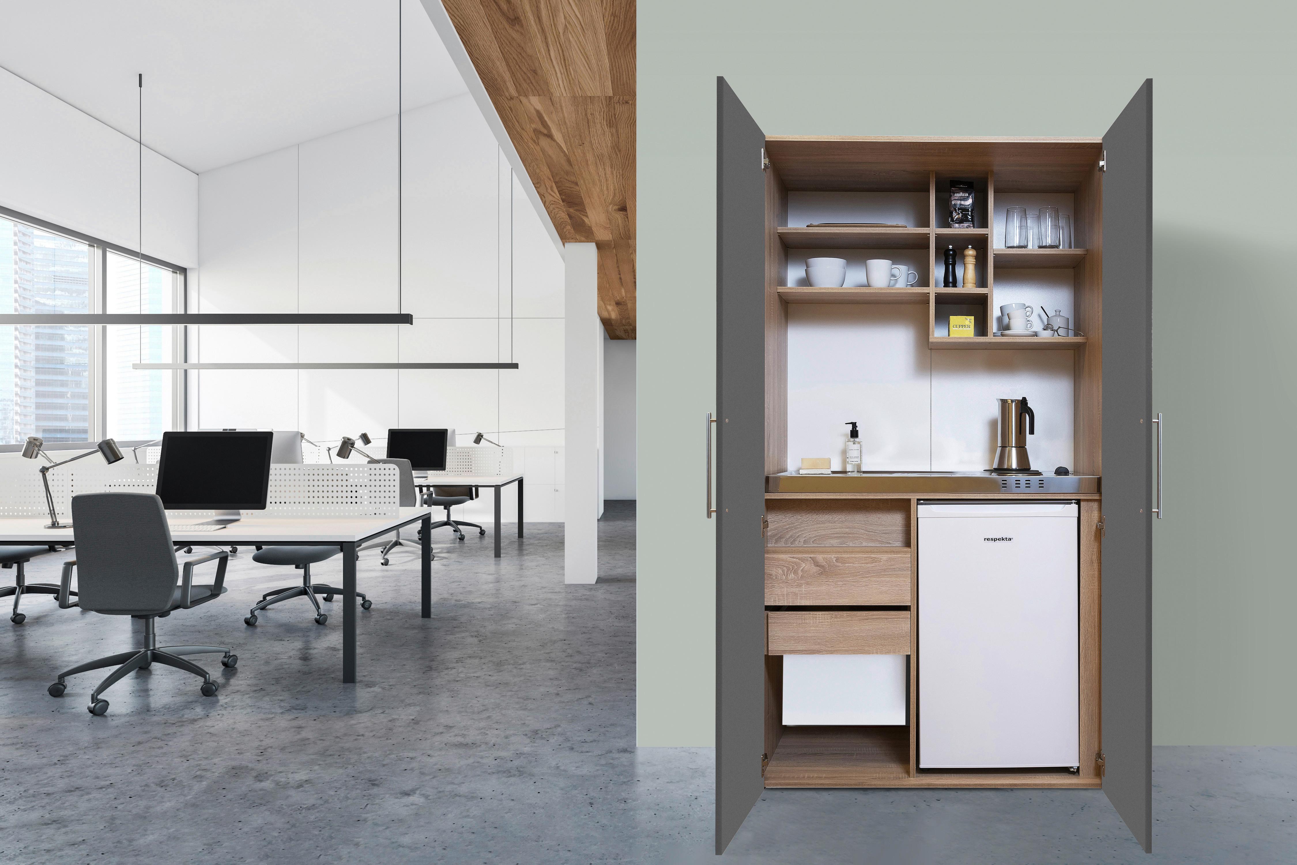 Schrankküche mit Kühlschrank + Kochfeld 104 cm Grau