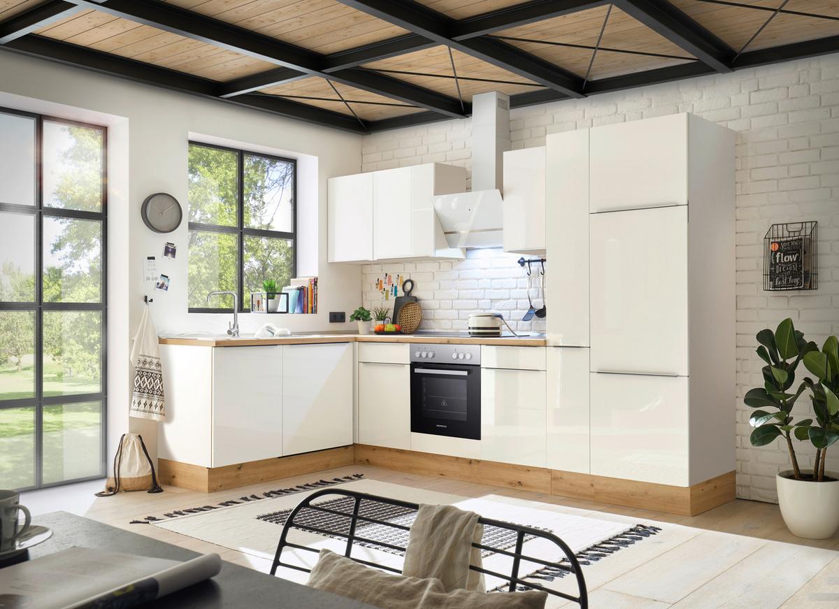 Eckküche mit Geräten 310x170 cm Weiß/Eiche Dekor, Modern - Weiß Hochglanz/Weiß, LIFESTYLE, Holzwerkstoff (170/310cm) - Respekta