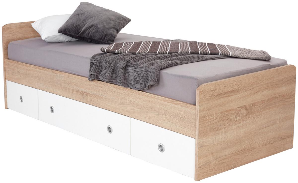 Stauraumbett M. 3 Laden 90x200 Wiki, Eiche/weiß Dekor - Weiß/Sonoma Eiche, KONVENTIONELL, Holzwerkstoff (90/200cm) - MID.YOU