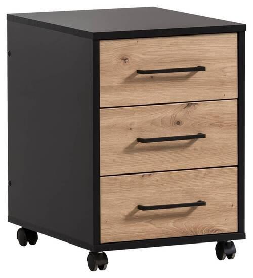 Moderner Rollcontainer BIG DEAL – 46 Cm Breit, 3 Schubladen, Schwarz/Eiche, Mit Rollen