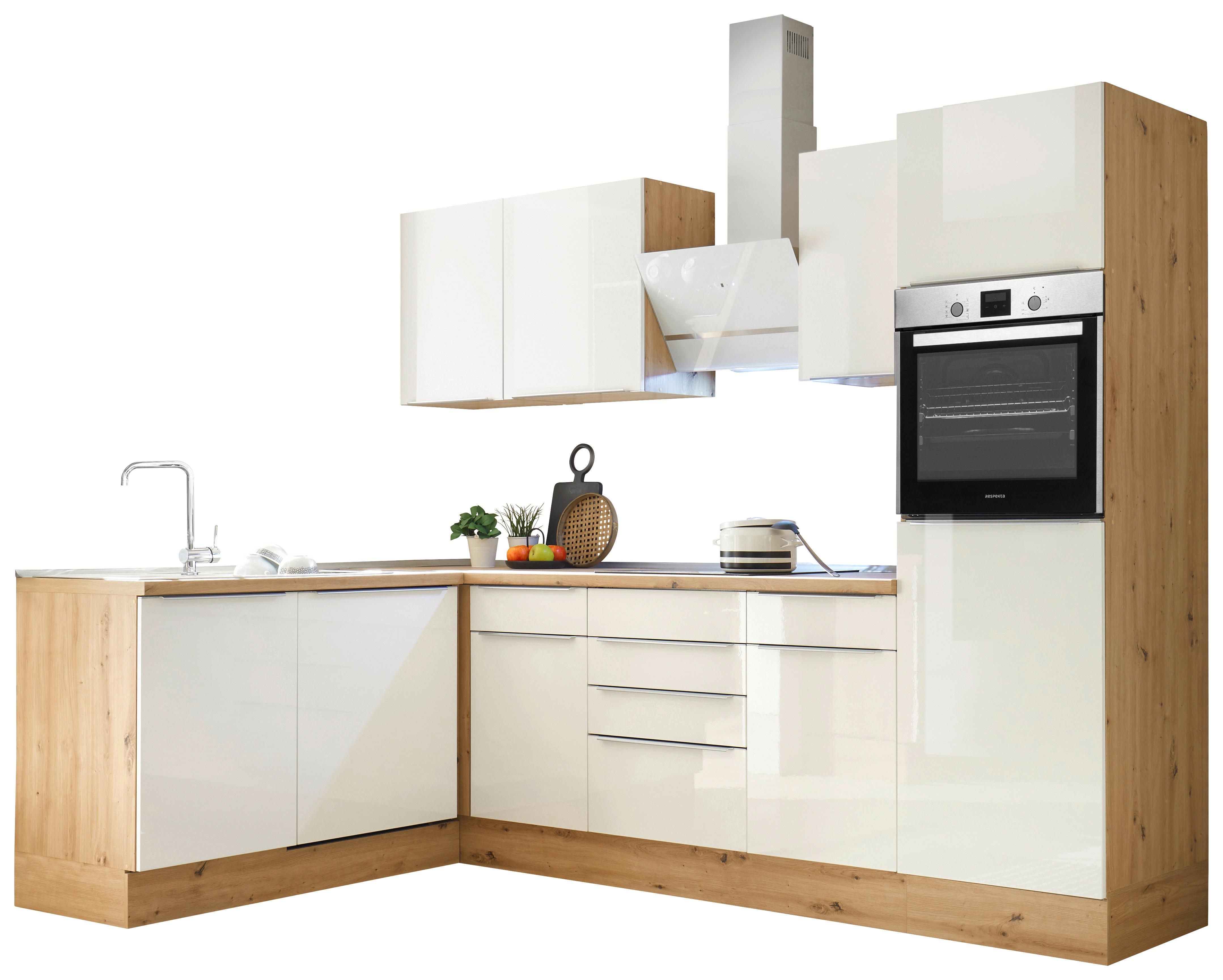 Eckküche mit Geräten 280x170 cm Weiß/Eiche Dekor, Modern - Weiß Hochglanz/Eiche Artisan, LIFESTYLE, Holzwerkstoff (280/170cm) - Respekta