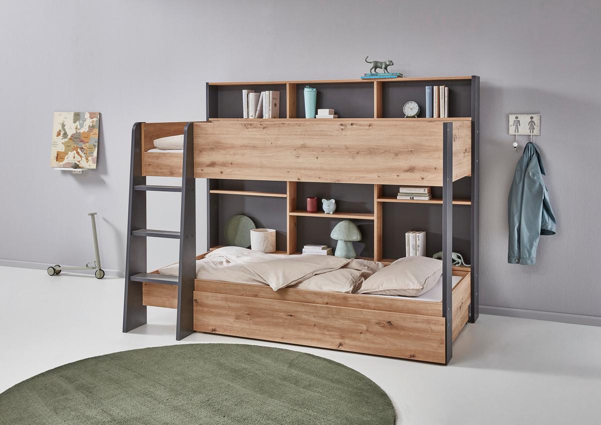 Etagenbett Sely, Eiche Dekor, Anthrazit, Lf: 90x200 cm - Anthrazit/Eiche Artisan, KONVENTIONELL, Holzwerkstoff (209/168/128cm)